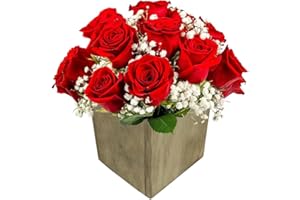 18 Red Roses + Baby's Breath in Wooden Vase Aquabloom Arrangement | Arabella Bouquets | Real Fresh Flowers for Delivery, Gift for Birthday, Congratulations, Anniversary