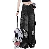 kakarin choyx Gothic Women's Jeans Fashion Y2K Vintage Straight High Waist Baggy Wide Leg Ripped Denim Pants Black