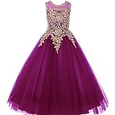 Formal Little Girls Long Pageant Dresses Prom Ball Gown Gold Lace Burgundy Tulle