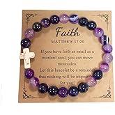 Handmade Natural Stone Beaded Cross Pendant Crucifix Religious Catholic Bracelet Faith Inspirational Elastic Rope Protection Pray Jewelry for Women