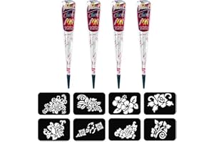 Pure Natural Plant-Based Henna Hair Dye | 4 x 25g Ready-to-Use Cones with 8 Body Art Stencils（Cherry Red Color）