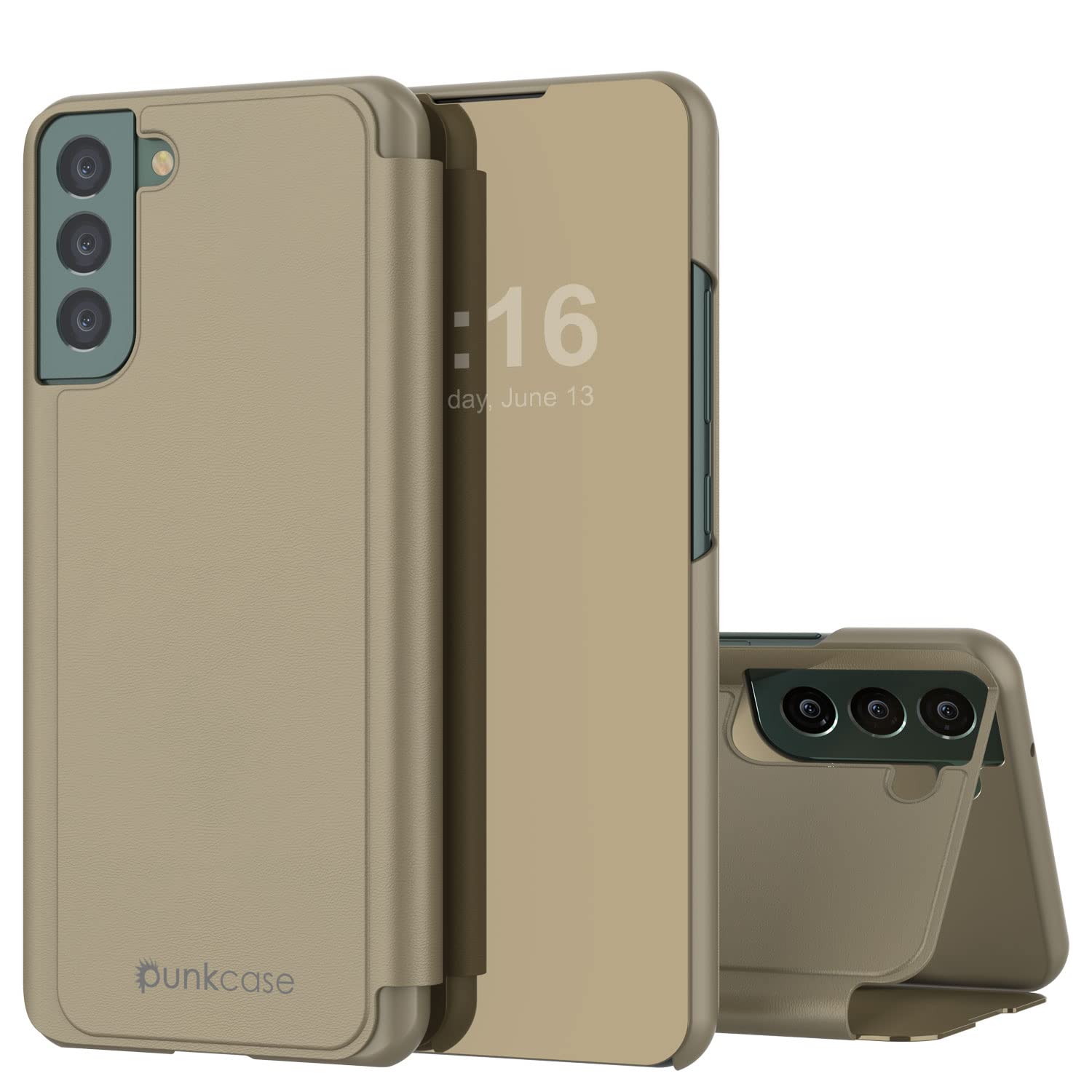 Punkcase S22 Plus Reflector Case Protective Flip Cover W/Scratch Resistant Translucent Mirror Front & Non-Slip PU Leather Back Integrated Kickstand for Galaxy S22 Plus 5G (6.6") (2022) (Gold)