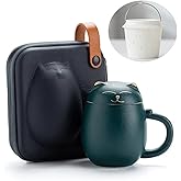 Rain House Cat Mugs with Infuser and Lid, Cute Tea Cups Kawaii Mug in Ceramic for Steeping Loose Leaf, Handmade Porcelain Teacup Teapot for Home Office, Portable Shatterproof Case 350ML (Green)