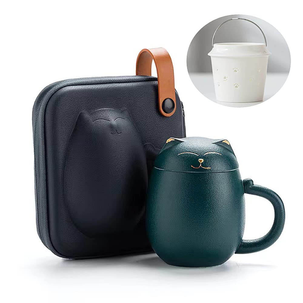 Entonic Cat Mugs with Infuser and Lid, Cute Tea Cups Kawaii Mug in Ceramic for Steeping Loose Leaf, Handmade Porcelain Teacup Teapot for Home Office, Portable Shatterproof Case 350ML (Green)