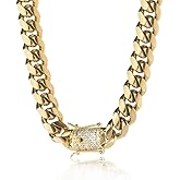 TRIPOD JEWELRY 14K REAL Gold Plated Miami Cuban Link Chain 316L Stainless Steel Necklace or Bracelet with Iced Out Diamond Clasp for Men Women(Custom Box and Pouch Packing, Christmas Gift)