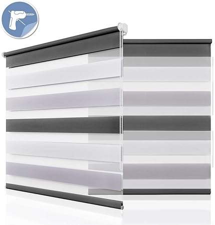 Sanfree Store Enrouleur Jour Nuit Sans Perçage Pour Fenêtre Porte Blanc Gris Anthracite 55x150cm Double Tissu Transparent Et Opaque