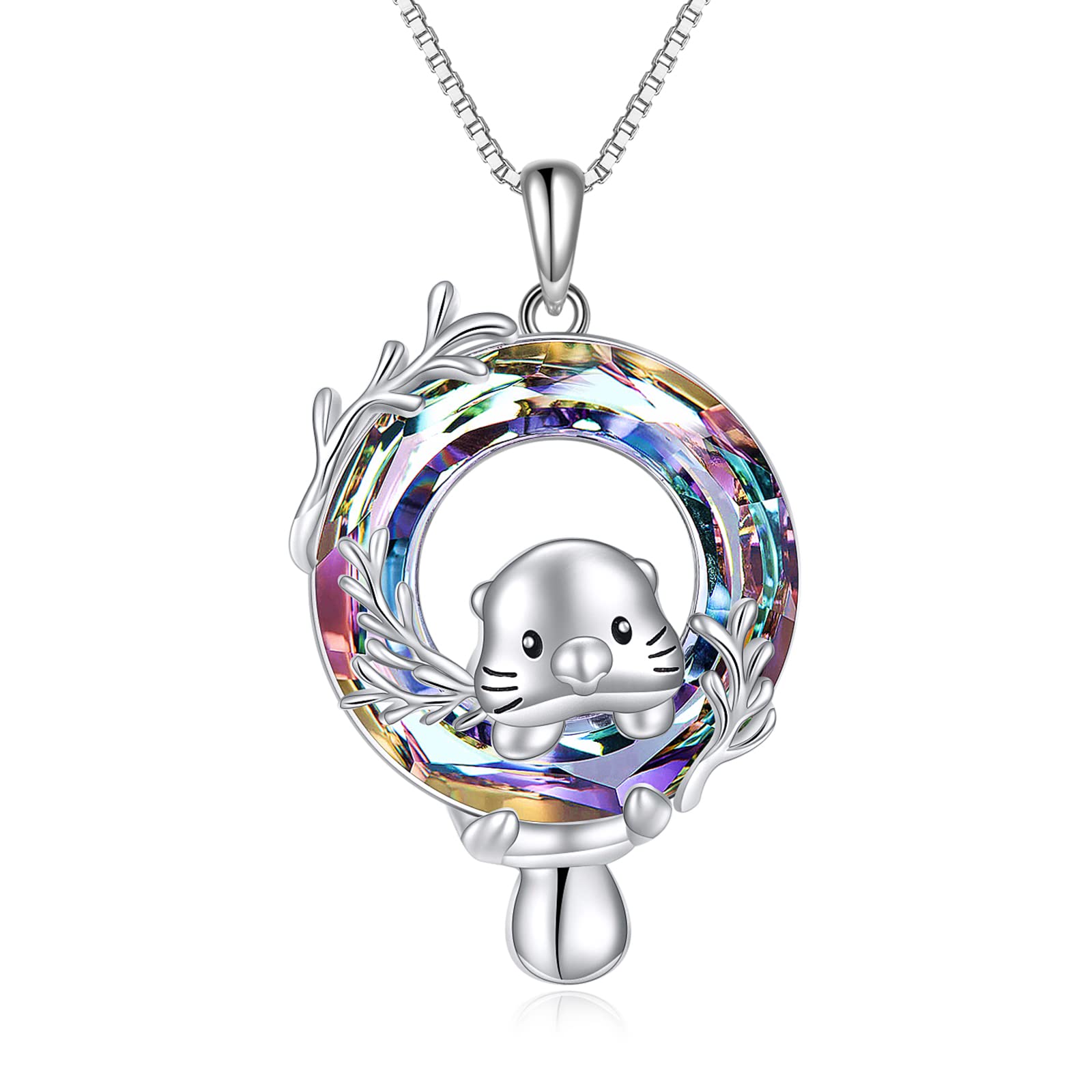 POPLYKE Sterling Silver Crystal Sea Otter Animal Pendant Necklace Jewellery For Women Jewelry Gift
