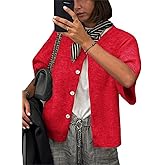 Women's Cardigans Short Sleeve Button Down Cardigan Sweater Y2k Knitted Crop Shirt Top