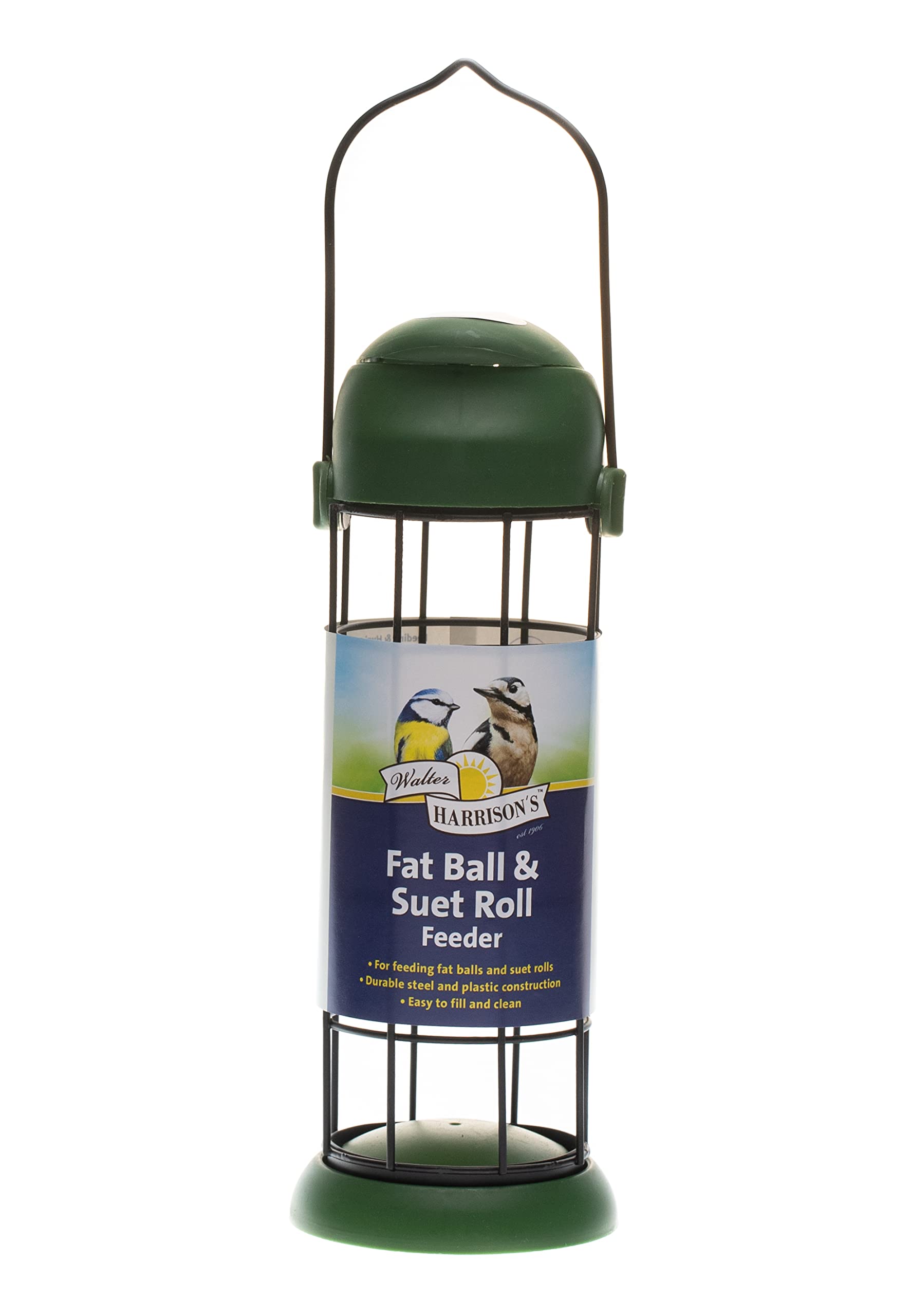 Walter Harrisons 711992 Wild Bird Flip Top Fat/Suet Ball and Roll Green Hanging Garden Bird Feeder - Small - 22 cm