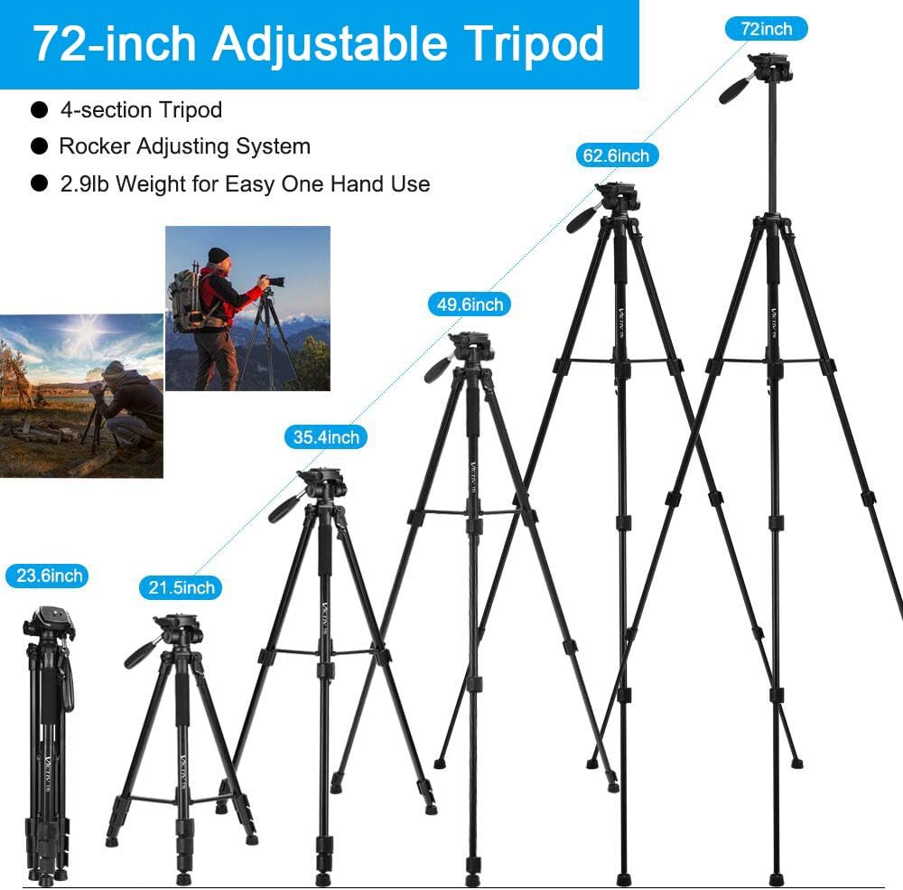 VICTIV 72 inch Aluminum Camera Tripod Loads Up to 11.6lbs, Lightweight Travel Tripod for DSLR with Extra Quick Release Plate and Pan Head Plus Phone Holder Compatible with iPhone/Android (T70) : Camera & Photo