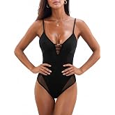 CUPSHE Women's One Piece Swimsuit Deep V Mesh Cutout Bathing Suit | Adjustable Straps, Removable Soft Cups, Light Bust Support, Back Hook Closure, Sheer Mesh, Sexy Swimwear, Beach Vacation