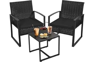 Murago 3 Pieces Wicker Patio Bistro Sets, Rattan Conversation Set with Coffee Table, for Balcony, Porch, Garden, Yard, Poolside, Black Frame with Black Cushion