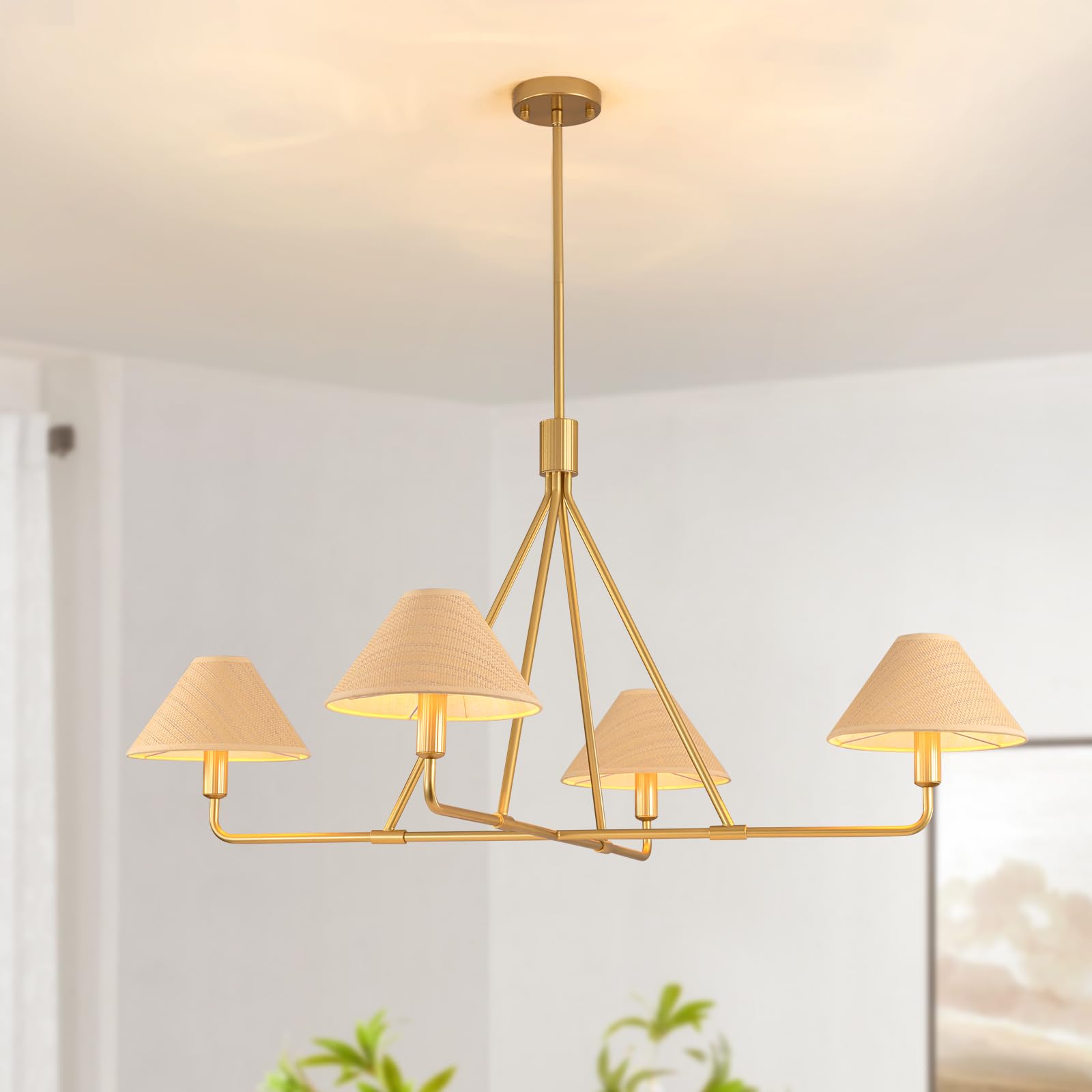 Photo 1 of HLMRCHEN 46”Gold Chandelier Boho Rattan Dining Room Light Fixtures Over Table Coastal Brass Chandeliers for Dining Room,Living Room,Kitchen,Bedroom