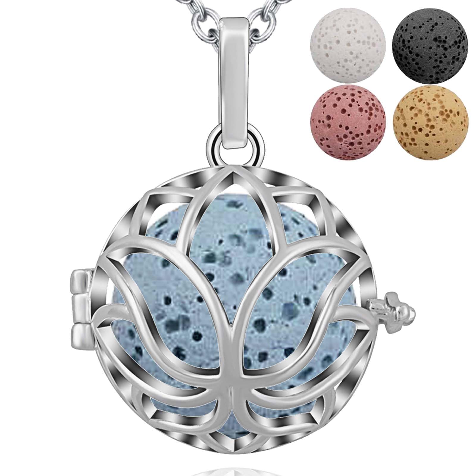 INFUSEU Aromatherapy Oil Diffuser Necklace, Lotus Silver Plated Perfume Locket Aroma Pendant Essential Fragrance with 5 Lava Rock Stone Beads & Chain 24" Gifts for Women — image 1