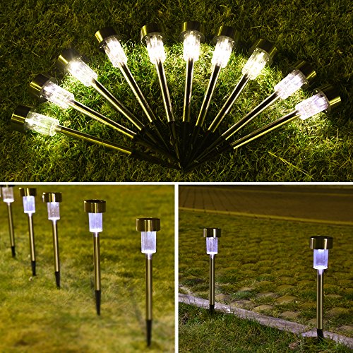 BASEIN Solar Powered Lights Outdoor, Landscape/Pathway Lights Stainless Steel Waterproof Outdoor Solar Lights for Patio, Lawn, Yard, Walkway - 10 Pack