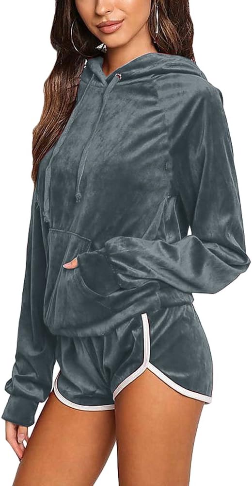 Noih Womens Velvet Hoodie And Shorts Set Tracksuit With Pocket