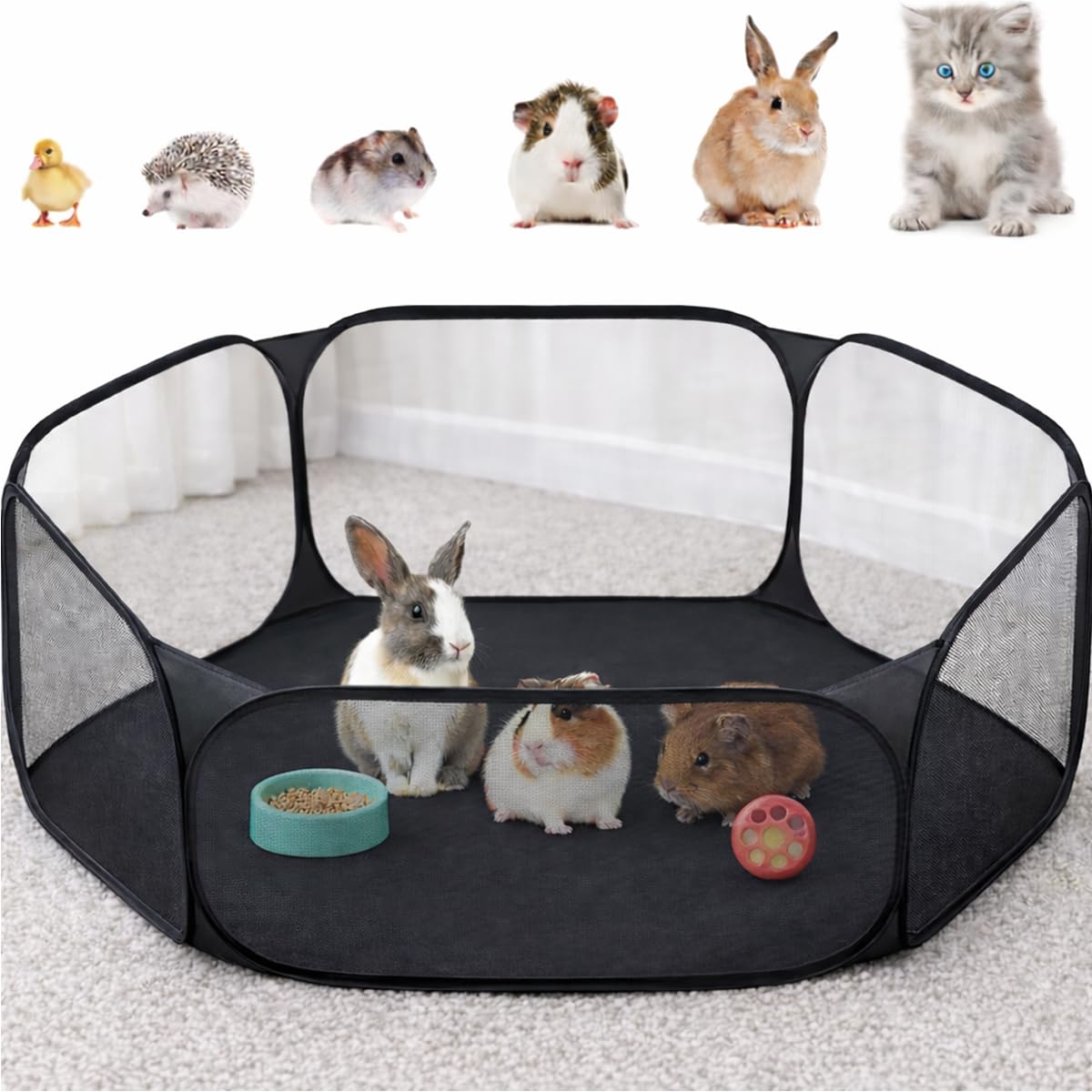 Small Animals C&C Cage Tent, Breathable & Transparent Pet Playpen Pop Open Outdoor/Indoor Exercise Fence, Portable Yard Fence for Guinea Pig, Rabbits, Hamster, Chinchillas and Hedgehogs (Black)