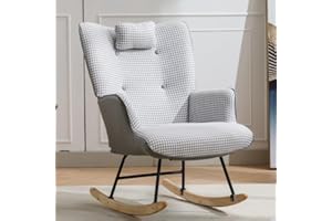TURRIDU Modern Glider Rocking Chair Nursery, Comfy Upholstered Rocker Chair with Solid Wood Base, Wingback Accent Armchair for Living Room, Reading Room, Bedroom, Light Grey