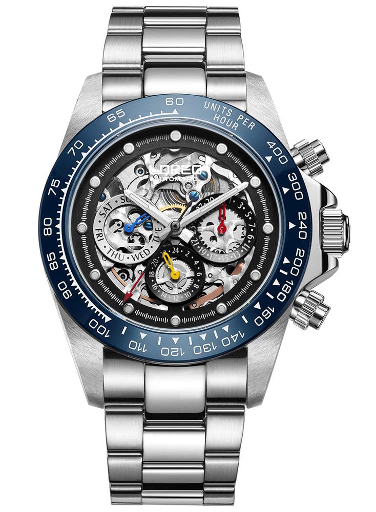 LOREO Mens Automatic Watch Silver Stainless Steel Sapphire Glass Ceramic Bezel Date Military Diving Waterproof Watch
