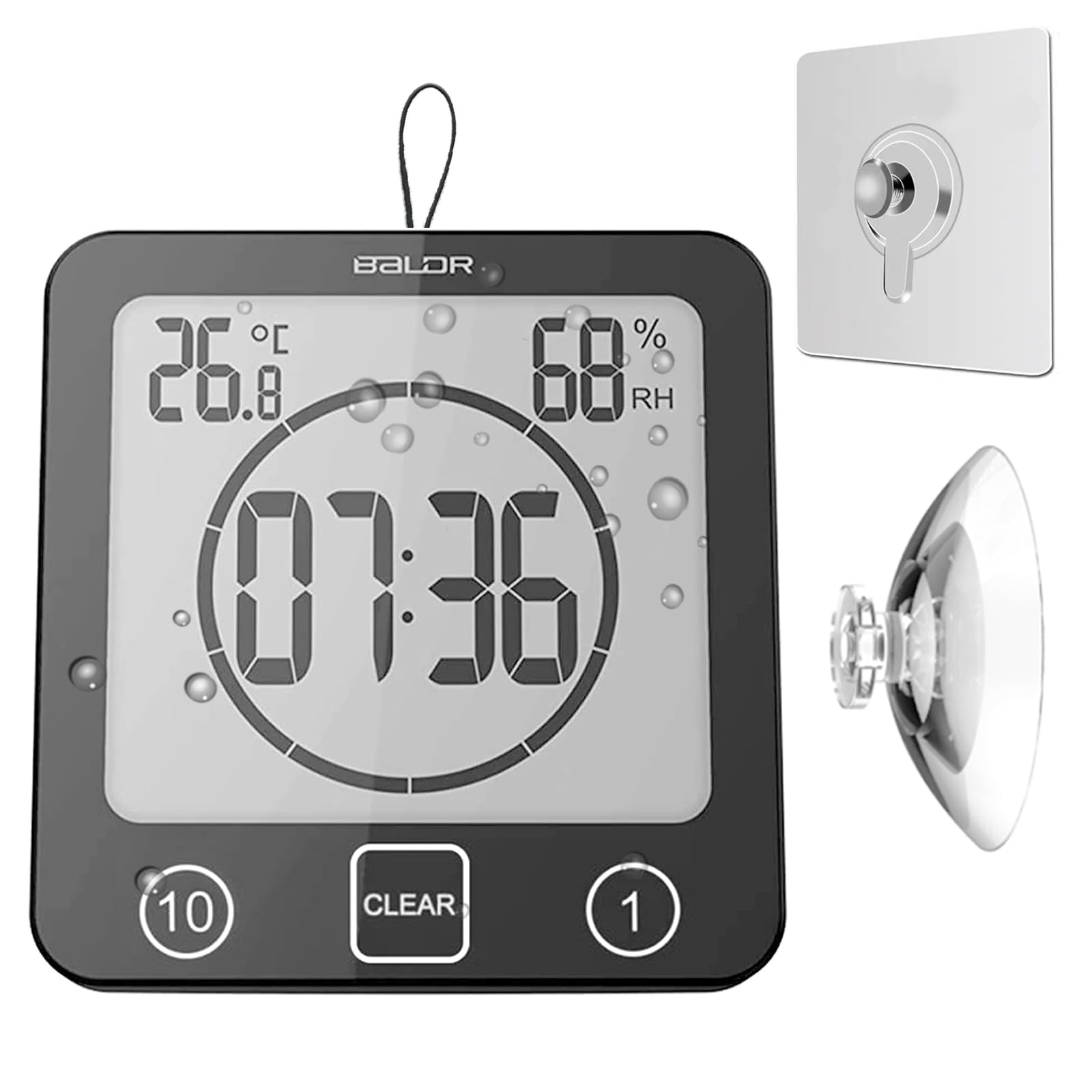 Waterproof Bathroom Wall Clock Shower Timer, Digital Large Visual Countdown Alarm Clock with Temperature Humidity, Mirror Suction & Rope Hanging & Stand, Easy Table Timer for Bath Kitchen Spa (Black)