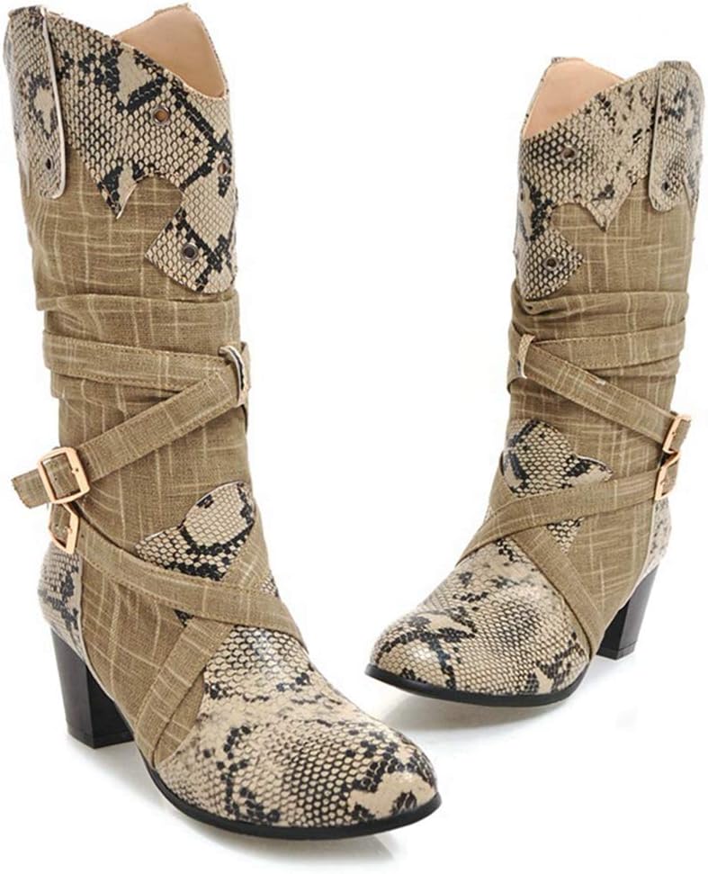 Women Mid Calf Booties Punk Serpentine Scrunch Buckle Strap Riding Winter Shoes