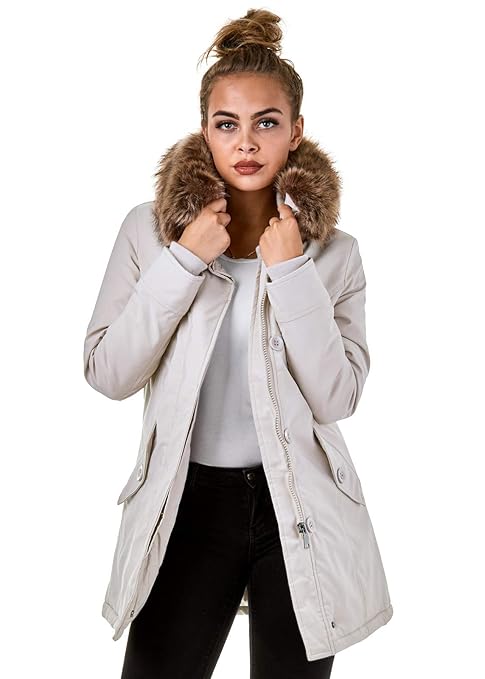 EightyFive Damen Jacke Parka Winterjacke Kunstfellkapuze Schwarz Khaki EF1828-05