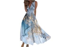 JJHAEVDY Maxi Dress for Women Deep V Neck High Waiste Dresses Printed Sleeveless Dresses Long Trendy Dress Flowy Retro Dress