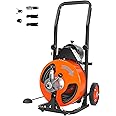 VEVOR Drain Cleaning Machine 100FT x 3/8 Inch, Sewer Snake Machine Auto Feed, Drain Auger Cleaner with 4 Cutter & Air-Activated Foot Switch for 2" to 4" Pipes, Orange, Black