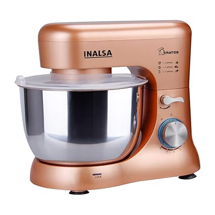 Inalsa Stand Mixer Kratos-1000W with 5L SS Bowl| Includes Whisking Cone, Mixing Beater & Dough Hook, (Champagne)