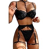 Lilosy Sexy Choker Floral Lace Scallop Sheer Underwire Push Up Garter Belt Lingerie Set 3 Piece