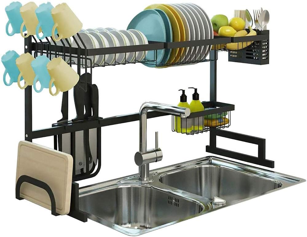 Over Sink Dish Drying Rack, Drainer Shelf for Kitchen Supplies Storage, 304 Stainless Steel Kitchen Dish Rack Drainer and Cage Utensil Holder (Black)