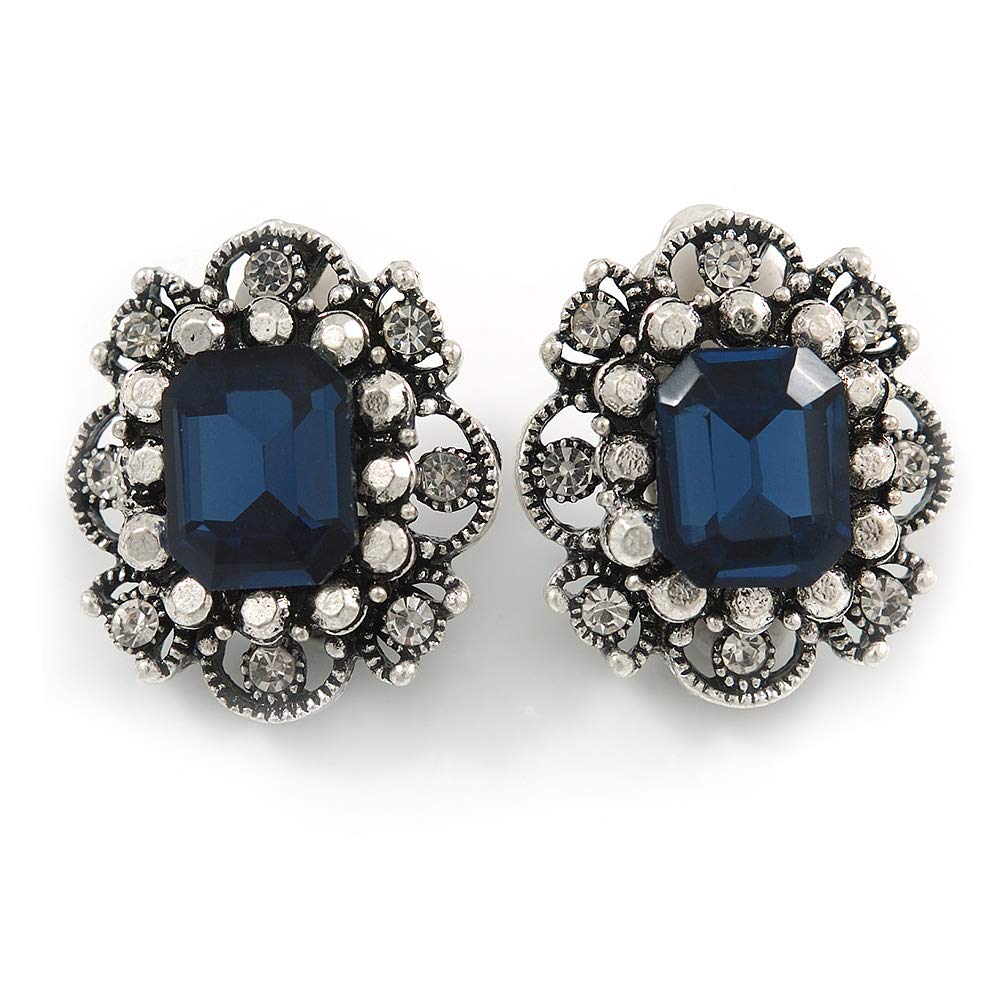 Vintage Inspired Square Midnight Blue/Clear Crystal Clip On Earrings In Aged Silver Tone - 20mm Tall