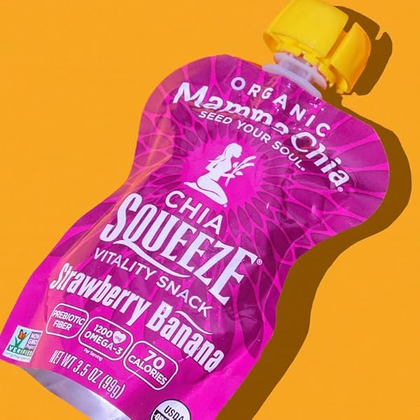 MAMMA CHIA ORGANIC VITALITY SQUEEZE SNACK, STRAWBERRY BANANA, 24- 3.05 OUNCE CHIA POUCHES. USDA ORGANIC, NON-GMO, VEGAN, GLUTEN FREE, AND KOSHER. FRUIT AND VEGETABLES WITH ONLY 70 CALORIES