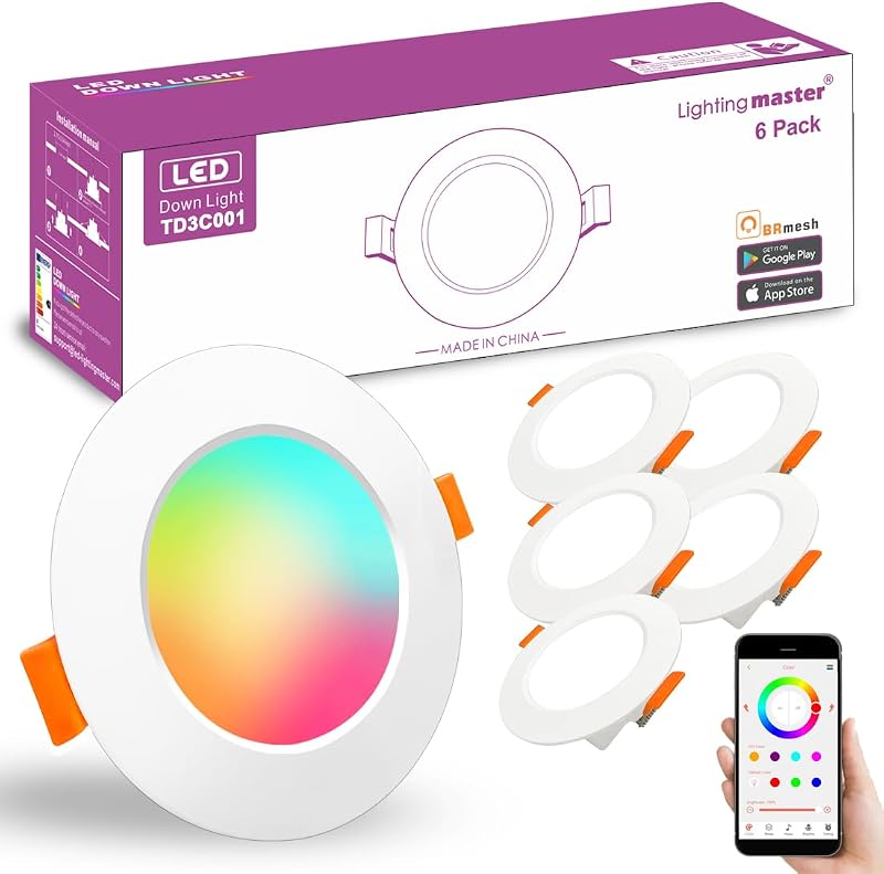 Lighting Master 3 Inch LED Downlights 7W RGBW Bluetooth Alexa 6 Pack
