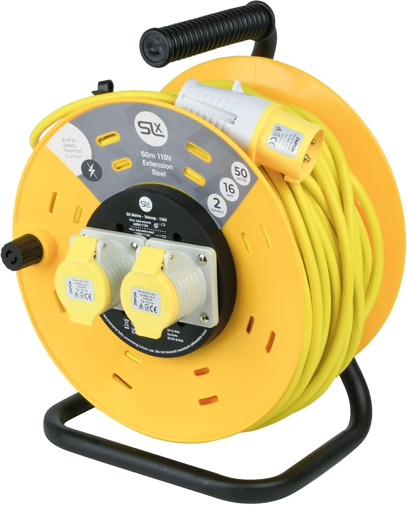 SLx 110V 50m Industrial Extension Lead Cable Reel 2 Socket Thermal Cut Out 16A