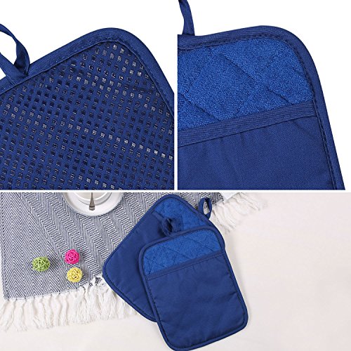 100% Cotton with Silicone Kitchen Everyday Basic Pot Holder Heat Resistant Coaster Potholder Oven Mitts with Pocket for Cooking and Baking Set of 2 Blue