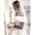 Unsutuo Wedding Veil Satin Trim 2 Tier Ivory Short Bridal Veil Fingertip Length with Ribbon Edge for Brides (Ivory)