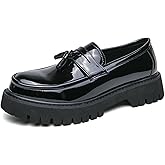 Boaobaihuo Mens Leather Slip-On Platform Dress Tassels Loafers Non-Slip Low Top Round Toe Chunky Penny Shoes for Business Casual Dress Prom Party