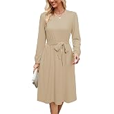 Newshows Womens Long Sleeve Casual Dresses 2025 Business Work Teacher Fall Church Belted A Line Flowy Midi Dress