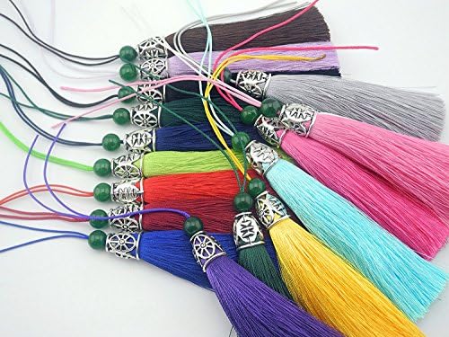 10pcs 3.6''(9.0cm) Soft Silk Tassels for Jewelry with Hollowed Antique Silver Cap and Jade Beads (Mixed Ramdonly)