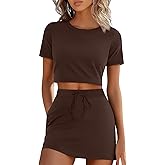 Neer Women's 2 Piece Short Skirt Sets 95% Cotton Cropped Round Neck Loose T Shirts and Athletic Skort Summer Casual Outfits