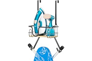 XILIMEN Ironing Board Holder Wall Mount, Over The Door Ironing Board Hanger with Storage Basket, Iron Holder for Hotel Rooms, Home Laundry Rooms, Utility Rooms, Closets (Black)