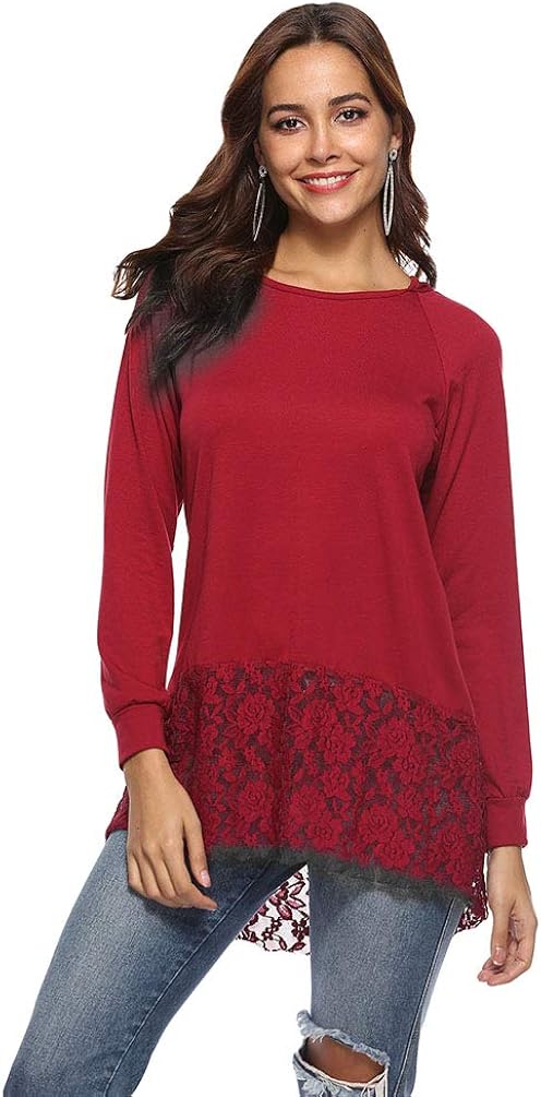 Damen Langarmshirt Elegant Herz Drucken Bluse Shirts Spitze Langarm Rundhals Basic T Shirt