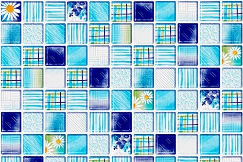 VandA Shop Peel and Stick Tile Backsplash for Kitchen and Bathroom Vinyl Wall Tile -Blue flowers Design- (38” x 16”)