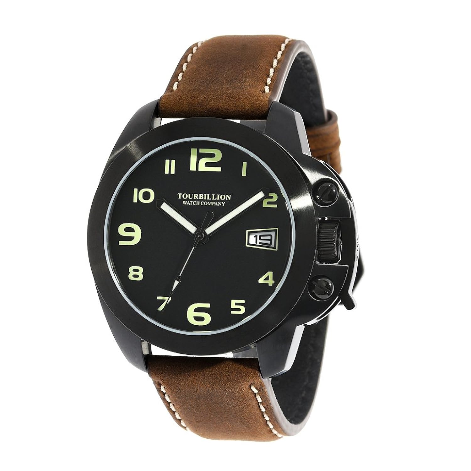 超目玉 Tourbillion Watch Companyモダンコレクションwatch Ipブラックケースブラックダイヤルとグリーンアラビア数字とクラウン安全ロックとブラウン本革ストラップ B073v7ch9j 172 11 30 108 81