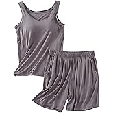 GOSEAGOTOFUN Ladies Summer Pajamas Sets 2Piece Tank Top with Built In Bra for Women Loungewear Tank Top & Shorts Sleepwear
