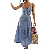 utcoco Denim Dress for Women Sleeveless Button Down Slim Fit Midi Jean Dresses for Women 2025