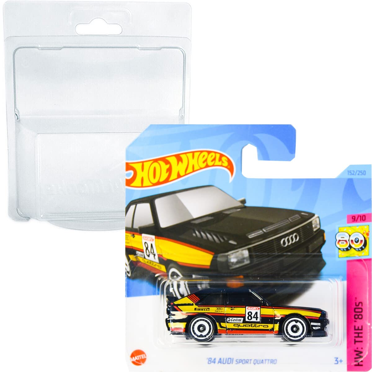 Hot Wheels '84 Audi Sport Quattro HW: The '80s 9/10 (152/250) HKG88 Short Card Mattel 2023 + Blister & Card Protector Pack Friki Monkey