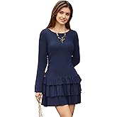FIOPHY Womens Fall Long Sleeve Ribbed Knit Dress Casual Crew Neck Ruffle Tiered Dress Y2k Slim Fit Party Bodycon Mini Dresses
