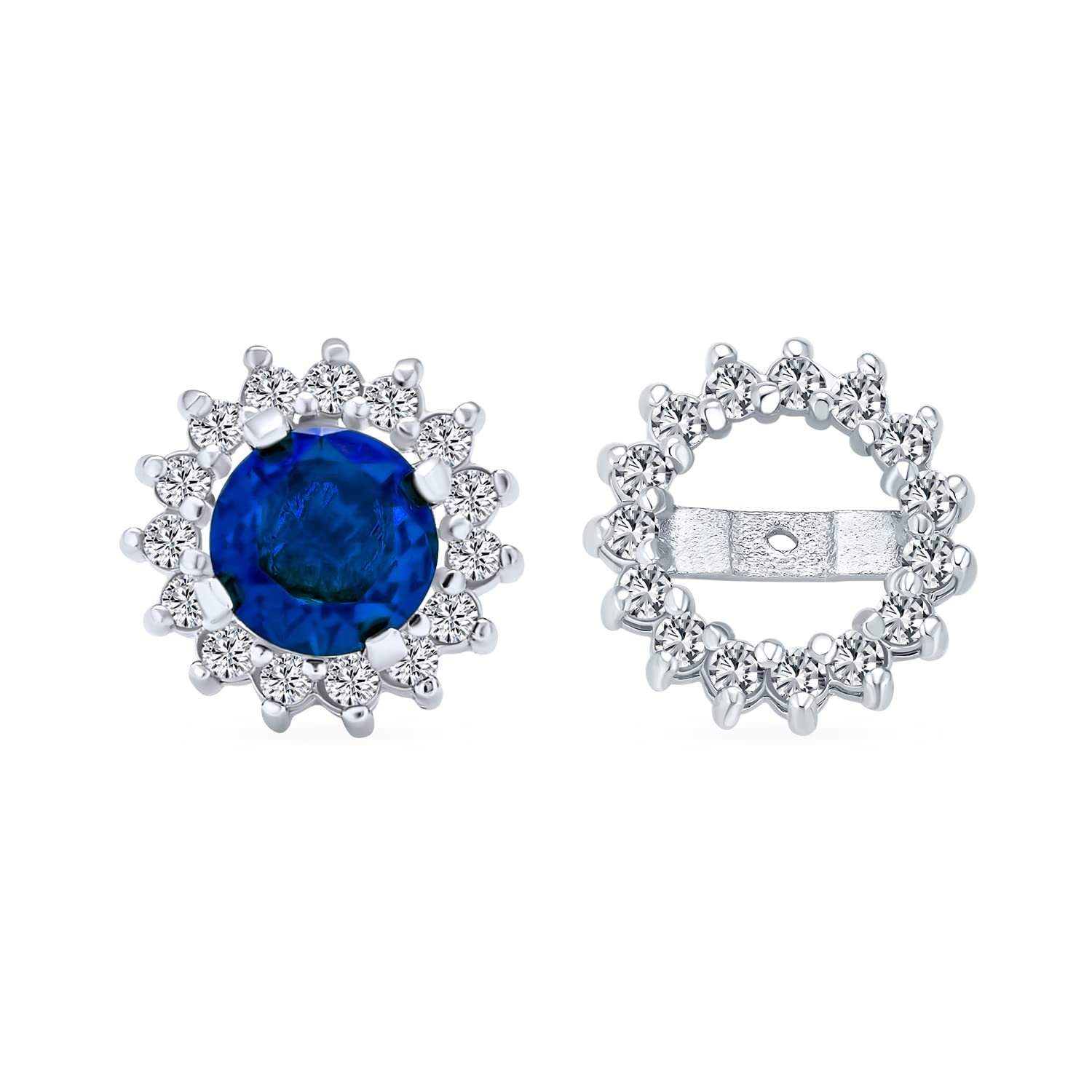 Royal Blue Cubic Zirconia Simulated Sapphire CZ Halo Round Solitaire Jacket And Stud Earrings .925 Sterling Silver — image 1